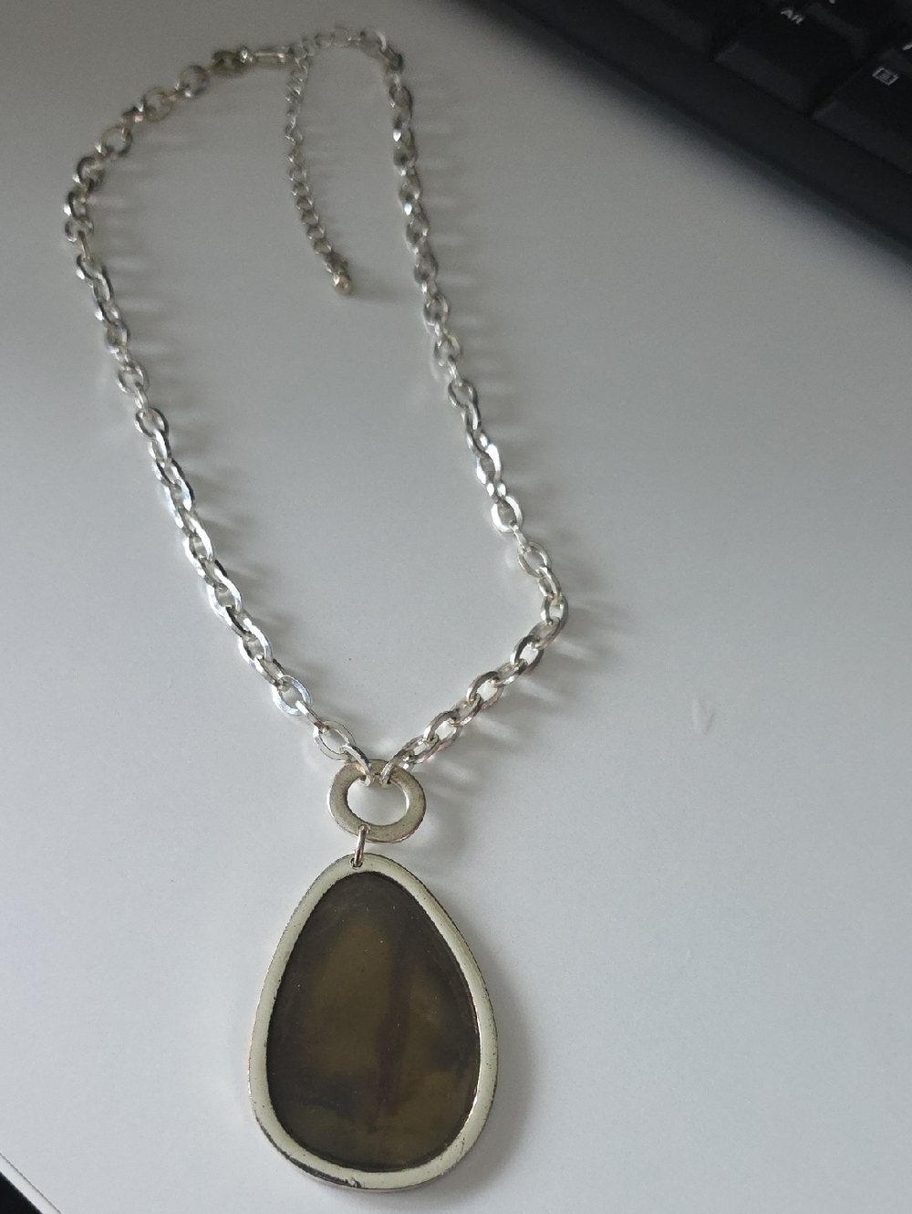 Silver Tone Chain Necklace with Olive Teardrop Pendant